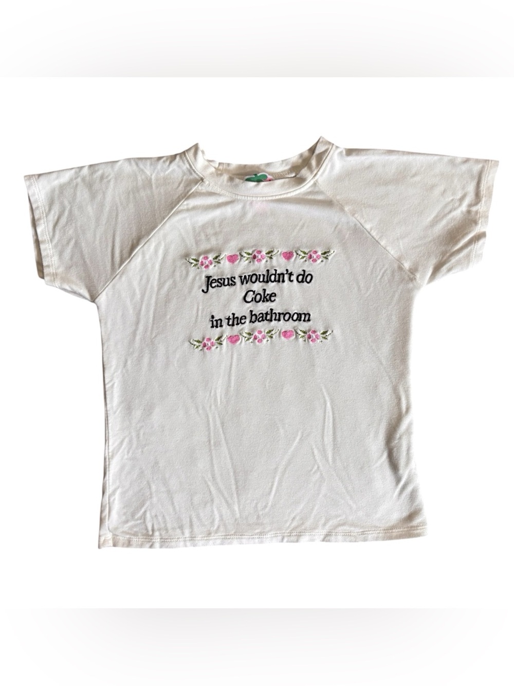 omighty White Statement Tee with Pink Floral Embroidery & Black Text